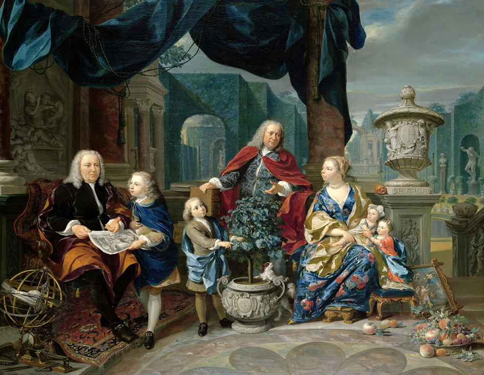 David van Mollem (links) en zijn familie, door Nicolaas Verkolje, 1740. (Rijksmuseum)