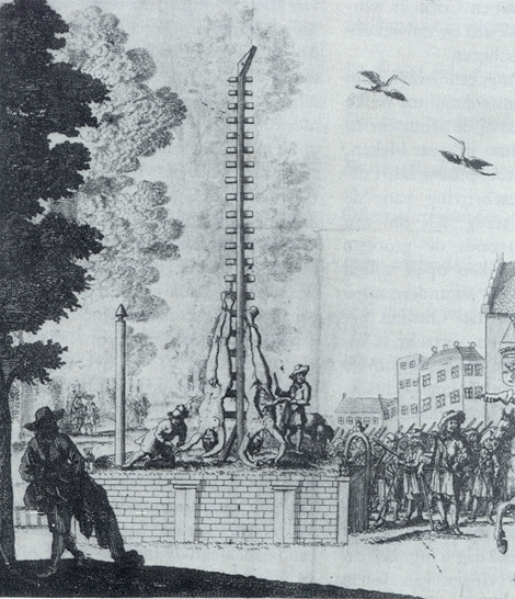 Afbeelding bij het anti-wittiaans pamflet 'Spiegel van Staet. Vertoont in Mr. Kornelis en Ian de Wit'. Terwijl de slachters hun werk doen, vliegen twee ooievaars boven het Groene Zoodje in Den Haag.
